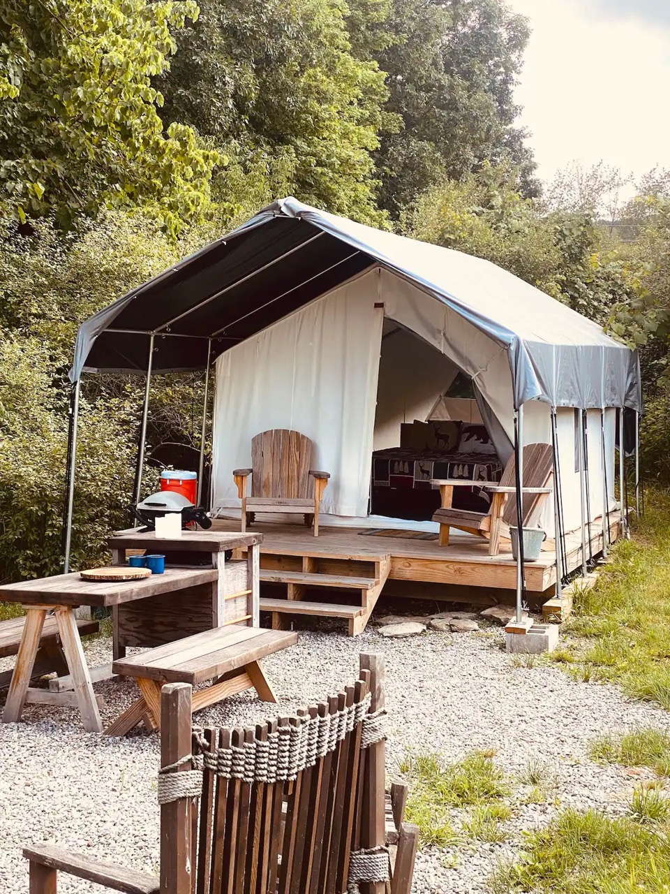 Sublime Wild Vine Safari Tent exterior at FLX Glamping on Hemlock Lake